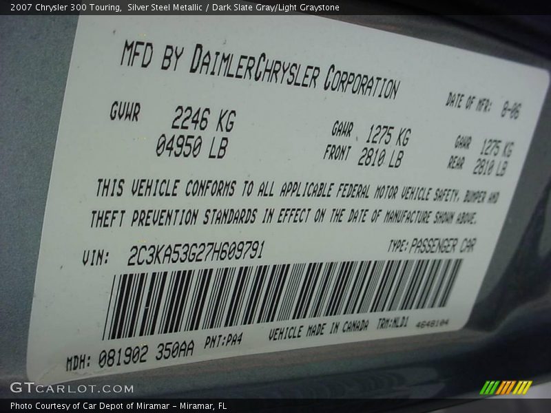 Silver Steel Metallic / Dark Slate Gray/Light Graystone 2007 Chrysler 300 Touring