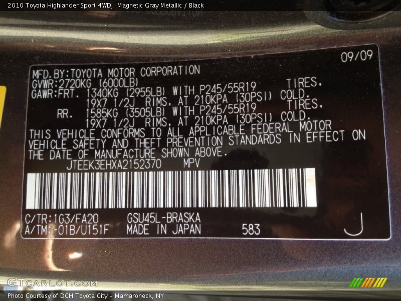 2010 Highlander Sport 4WD Magnetic Gray Metallic Color Code 1G3