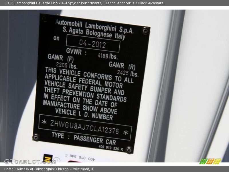 Info Tag of 2012 Gallardo LP 570-4 Spyder Performante