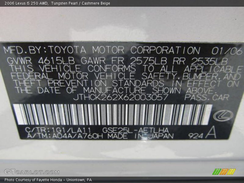 Tungsten Pearl / Cashmere Beige 2006 Lexus IS 250 AWD