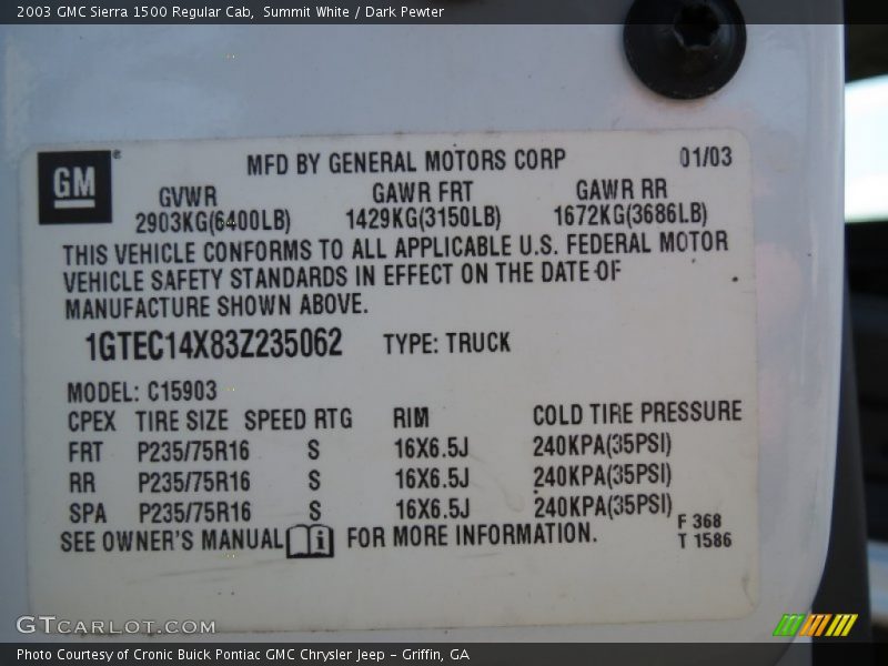 Info Tag of 2003 Sierra 1500 Regular Cab
