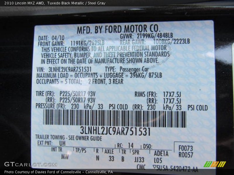 Tuxedo Black Metallic / Steel Gray 2010 Lincoln MKZ AWD