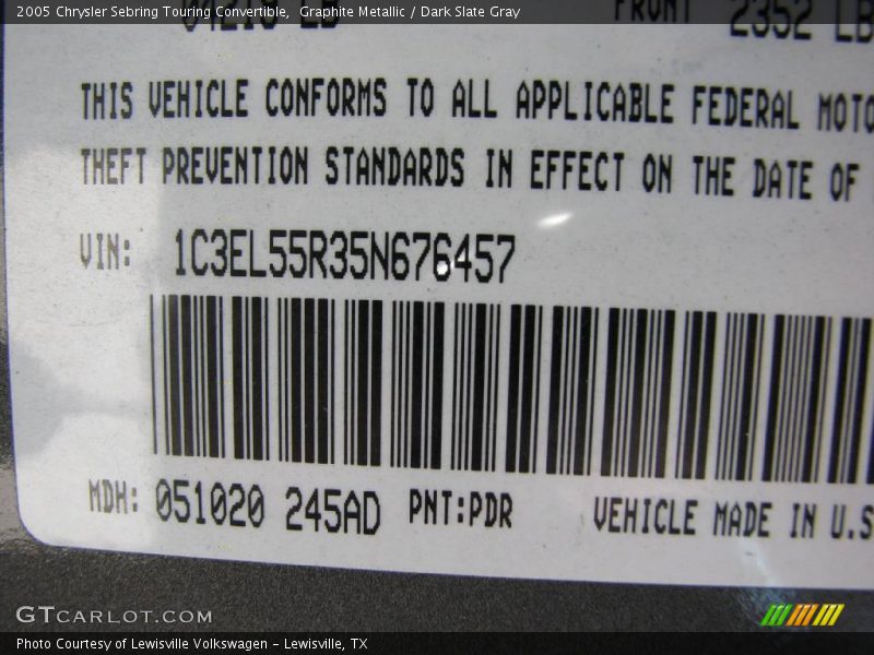 Graphite Metallic / Dark Slate Gray 2005 Chrysler Sebring Touring Convertible