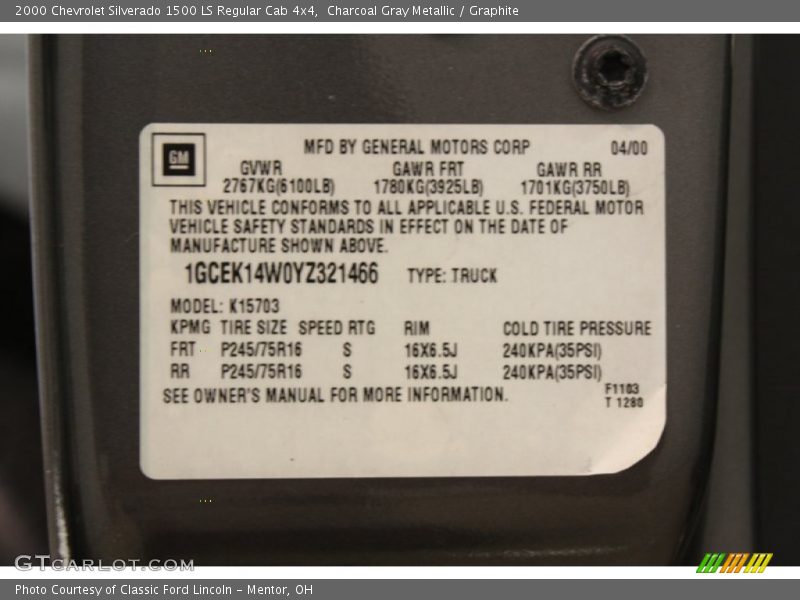 Info Tag of 2000 Silverado 1500 LS Regular Cab 4x4