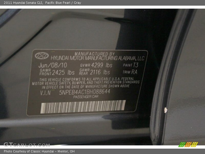 Pacific Blue Pearl / Gray 2011 Hyundai Sonata GLS