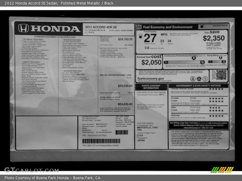 Polished Metal Metallic / Black 2012 Honda Accord SE Sedan