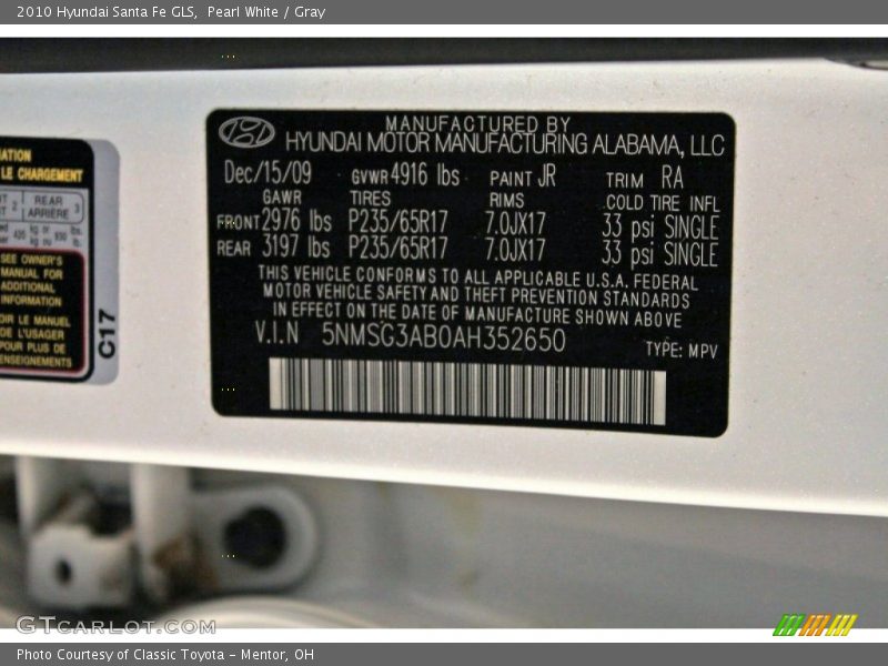 Pearl White / Gray 2010 Hyundai Santa Fe GLS