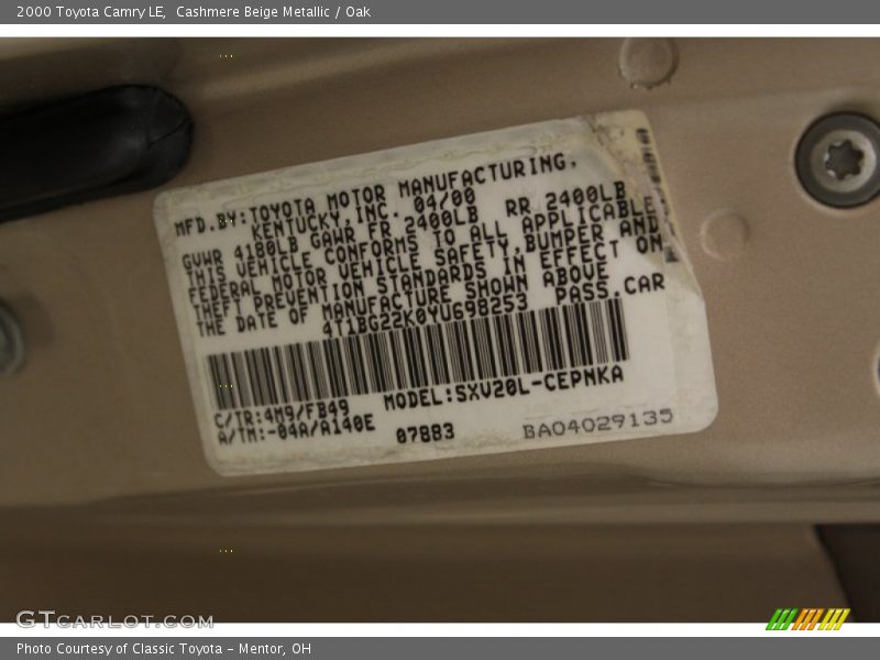2000 Camry LE Cashmere Beige Metallic Color Code 4M9