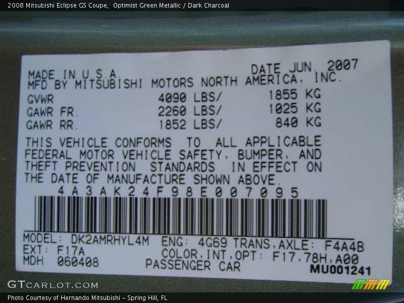 Optimist Green Metallic / Dark Charcoal 2008 Mitsubishi Eclipse GS Coupe