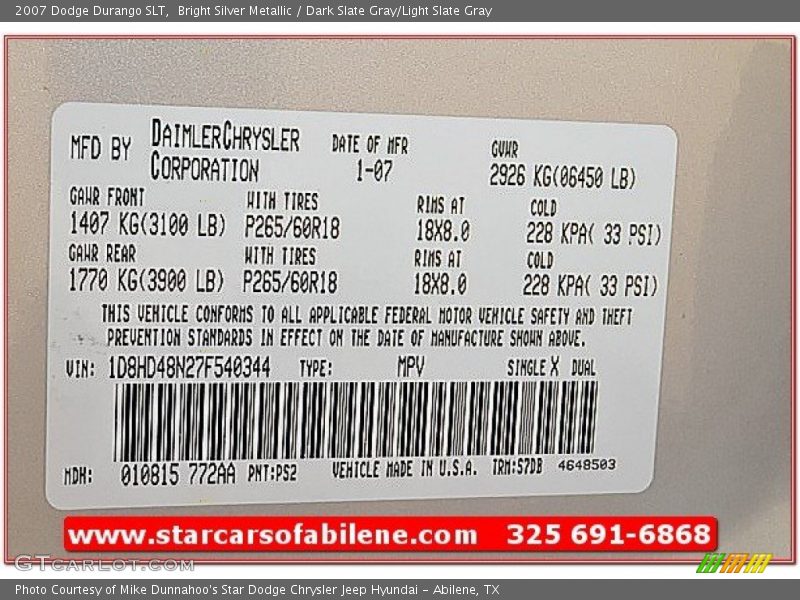 Bright Silver Metallic / Dark Slate Gray/Light Slate Gray 2007 Dodge Durango SLT