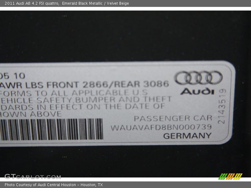 Emerald Black Metallic / Velvet Beige 2011 Audi A8 4.2 FSI quattro