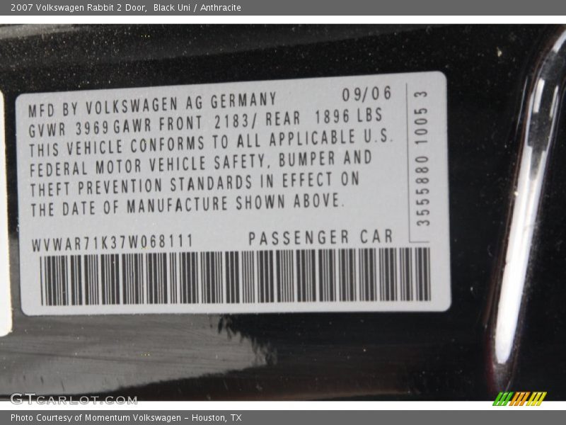 Black Uni / Anthracite 2007 Volkswagen Rabbit 2 Door