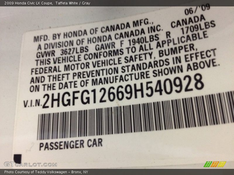 Taffeta White / Gray 2009 Honda Civic LX Coupe
