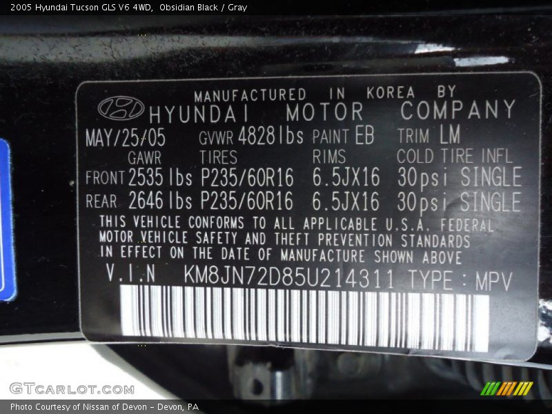 2005 Tucson GLS V6 4WD Obsidian Black Color Code EB