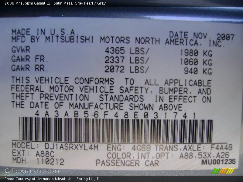 Satin Mesai Gray Pearl / Gray 2008 Mitsubishi Galant ES