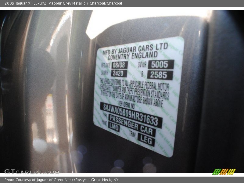 Vapour Grey Metallic / Charcoal/Charcoal 2009 Jaguar XF Luxury
