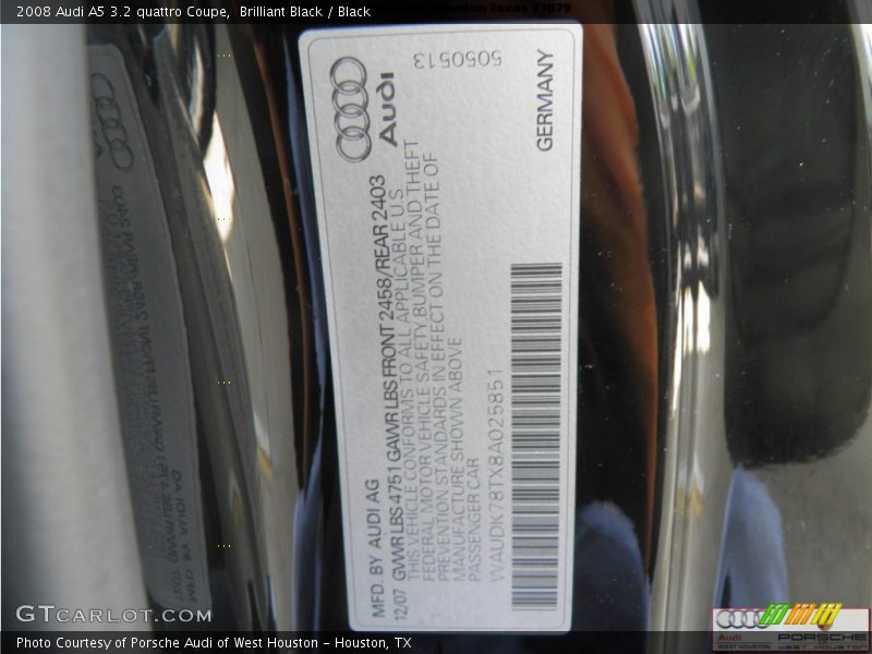 Brilliant Black / Black 2008 Audi A5 3.2 quattro Coupe