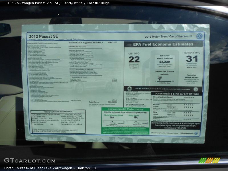 Candy White / Cornsilk Beige 2012 Volkswagen Passat 2.5L SE