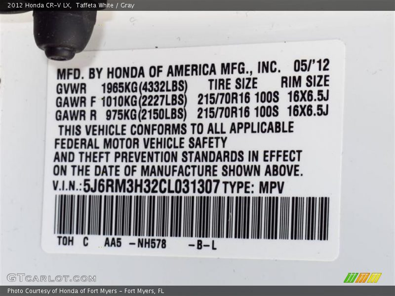 Taffeta White / Gray 2012 Honda CR-V LX
