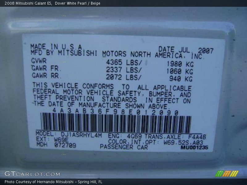 Dover White Pearl / Beige 2008 Mitsubishi Galant ES