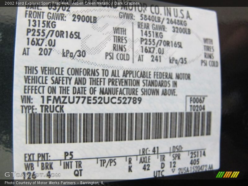 2002 Explorer Sport Trac 4x4 Aspen Green Metallic Color Code P5