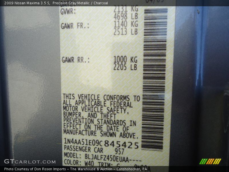 Precision Gray Metallic / Charcoal 2009 Nissan Maxima 3.5 S