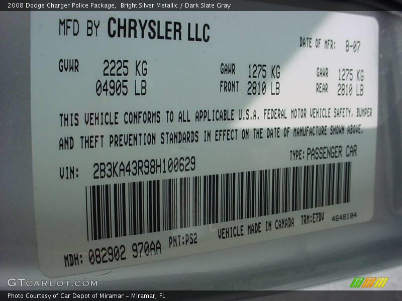 Bright Silver Metallic / Dark Slate Gray 2008 Dodge Charger Police Package