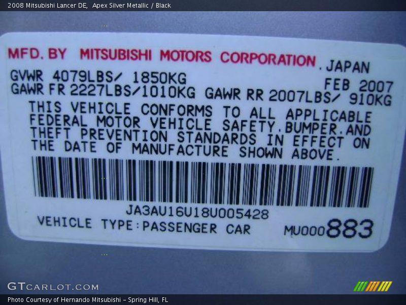 Apex Silver Metallic / Black 2008 Mitsubishi Lancer DE