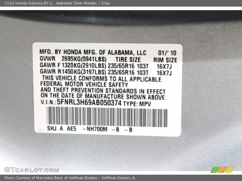 Alabaster Silver Metallic / Gray 2010 Honda Odyssey EX-L