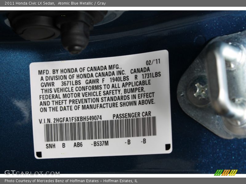 Atomic Blue Metallic / Gray 2011 Honda Civic LX Sedan