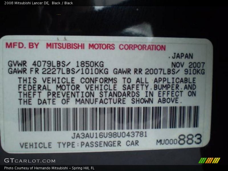 Black / Black 2008 Mitsubishi Lancer DE