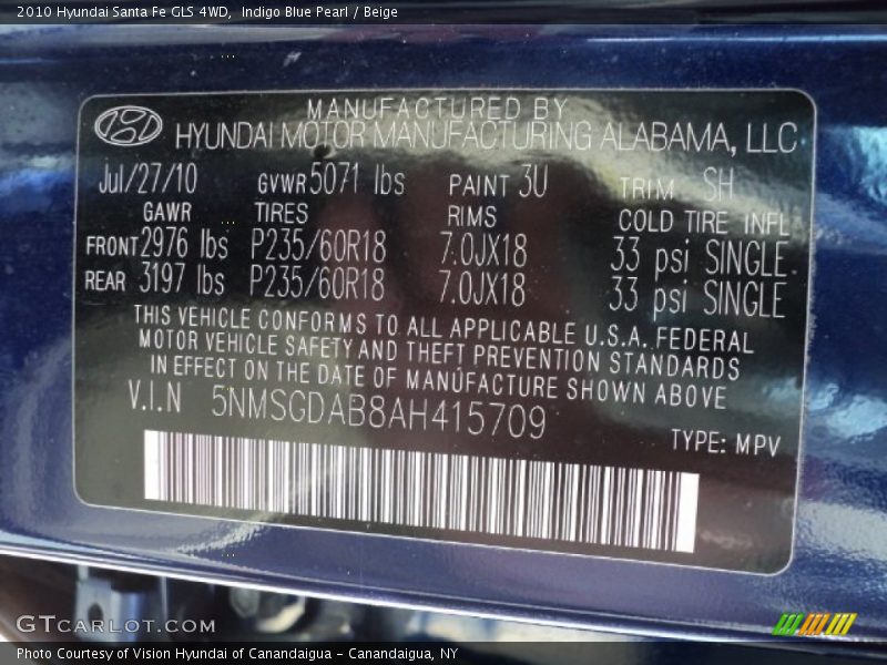 Indigo Blue Pearl / Beige 2010 Hyundai Santa Fe GLS 4WD