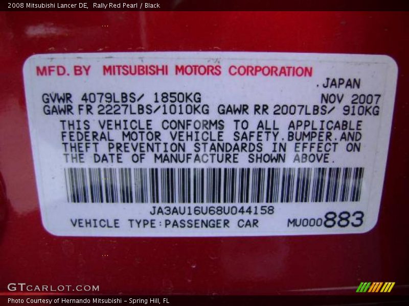 Rally Red Pearl / Black 2008 Mitsubishi Lancer DE