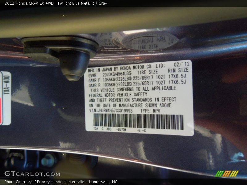 2012 CR-V EX 4WD Twilight Blue Metallic Color Code B570M