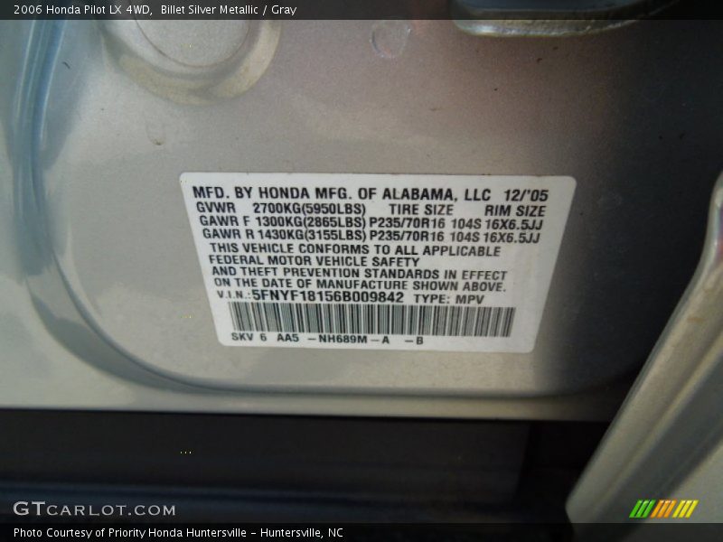 Billet Silver Metallic / Gray 2006 Honda Pilot LX 4WD