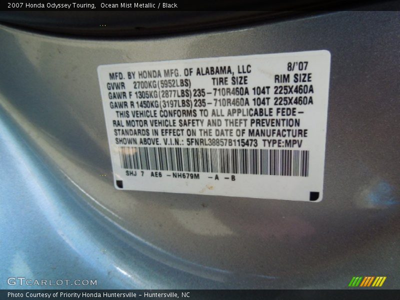 Ocean Mist Metallic / Black 2007 Honda Odyssey Touring