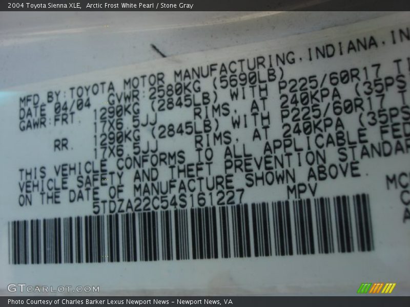 Arctic Frost White Pearl / Stone Gray 2004 Toyota Sienna XLE