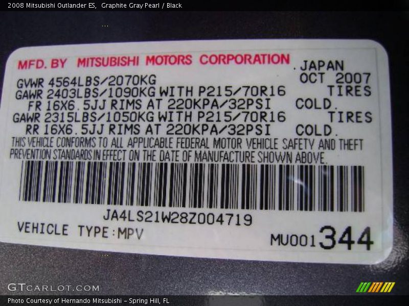Graphite Gray Pearl / Black 2008 Mitsubishi Outlander ES
