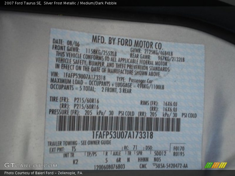 Silver Frost Metallic / Medium/Dark Pebble 2007 Ford Taurus SE