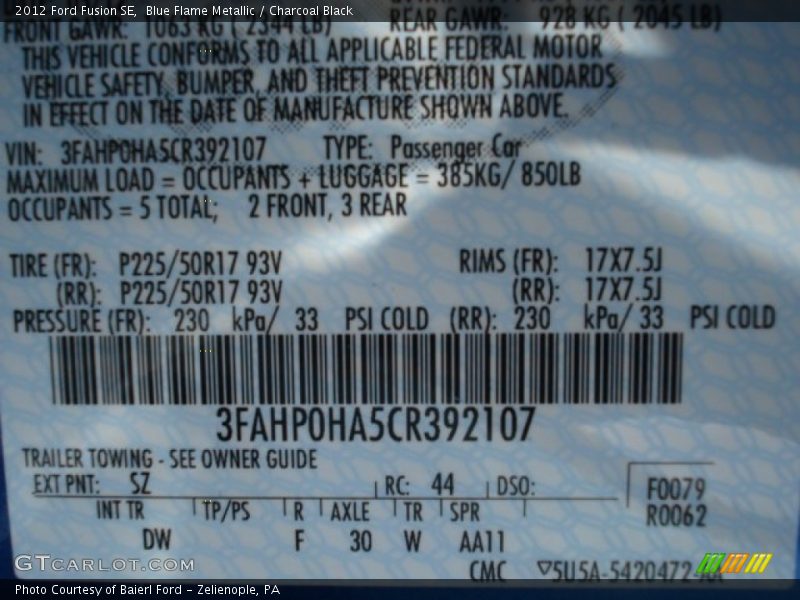 Blue Flame Metallic / Charcoal Black 2012 Ford Fusion SE