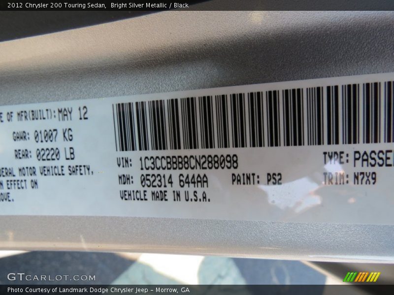Bright Silver Metallic / Black 2012 Chrysler 200 Touring Sedan