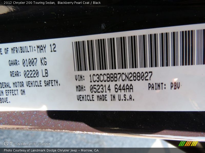 Blackberry Pearl Coat / Black 2012 Chrysler 200 Touring Sedan