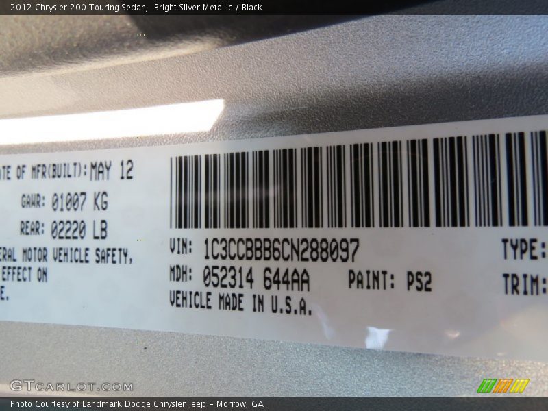 Bright Silver Metallic / Black 2012 Chrysler 200 Touring Sedan