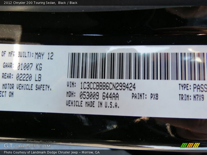 Black / Black 2012 Chrysler 200 Touring Sedan