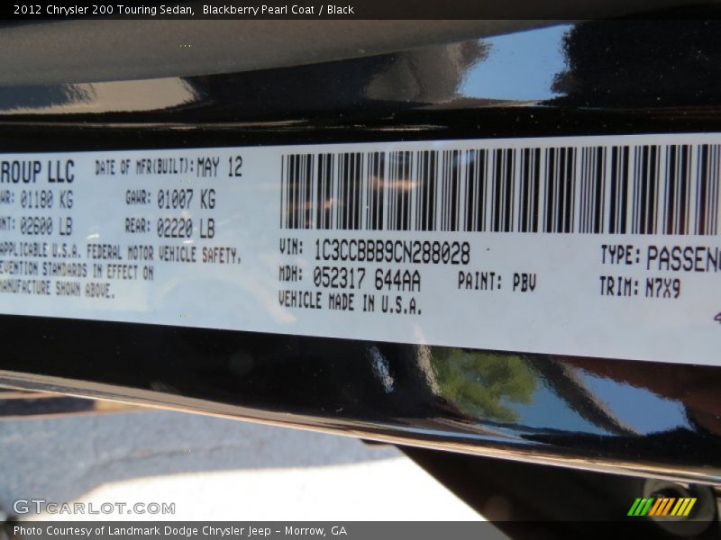 Blackberry Pearl Coat / Black 2012 Chrysler 200 Touring Sedan