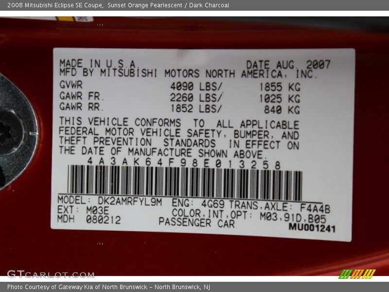 2008 Eclipse SE Coupe Sunset Orange Pearlescent Color Code M03