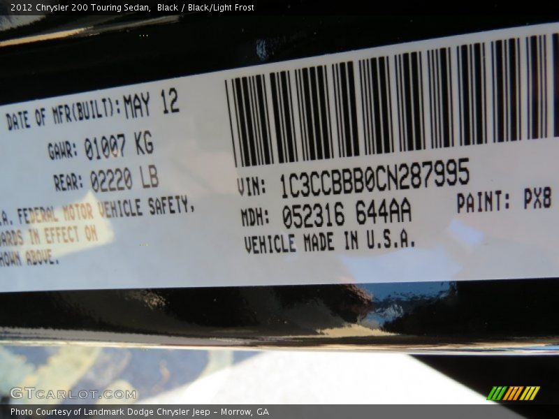 Black / Black/Light Frost 2012 Chrysler 200 Touring Sedan