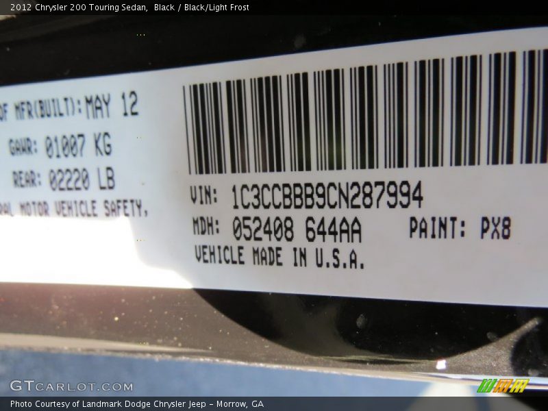Black / Black/Light Frost 2012 Chrysler 200 Touring Sedan