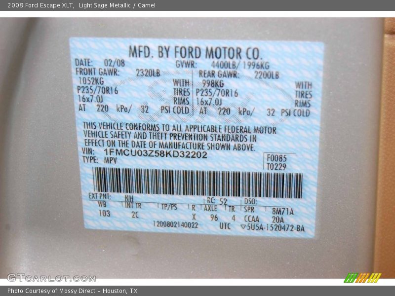 Light Sage Metallic / Camel 2008 Ford Escape XLT