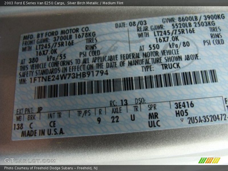 Silver Birch Metallic / Medium Flint 2003 Ford E Series Van E250 Cargo